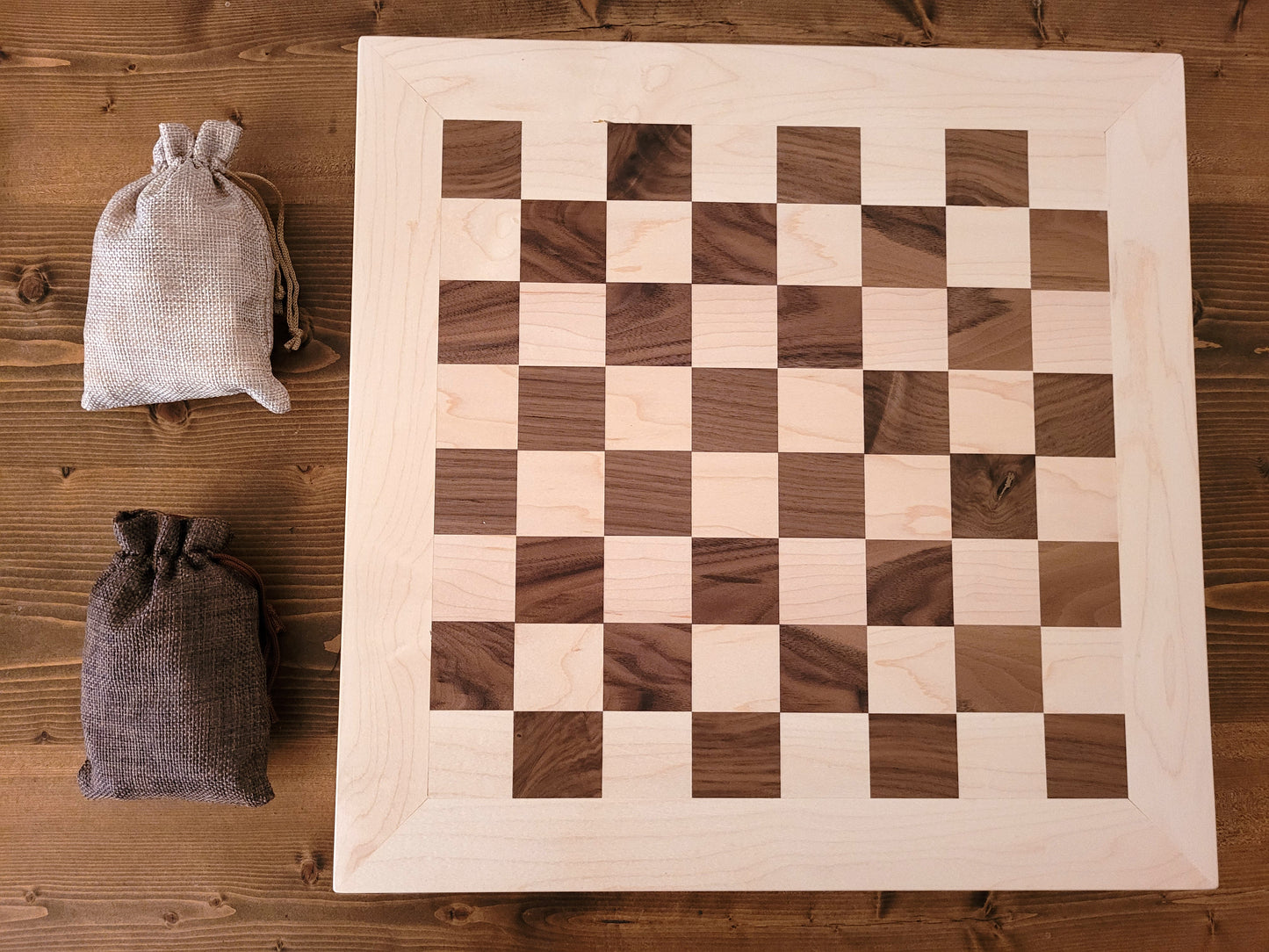 Wood Chess Set - Walnut and Maple Board with Maple Border - Coffee Table Size