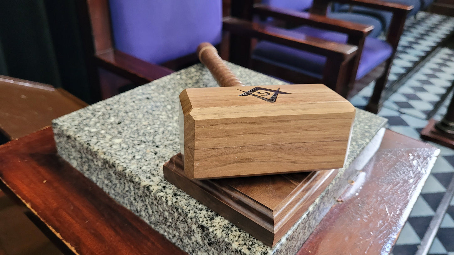 Masonic Gavel with Sounding Block - Square Head with Gripped Handle - Solid Walnut - Hand Made