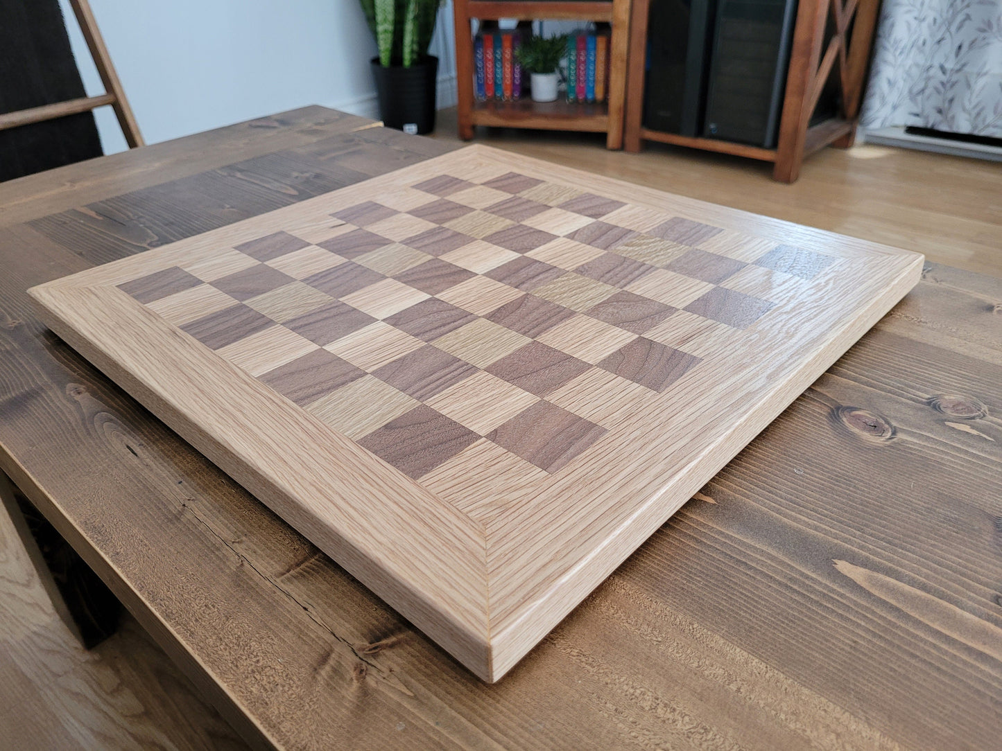 Wood Chess Set - Solid Walnut and Oak Board with Oak Border - Coffee Table Size - Hand Made Board