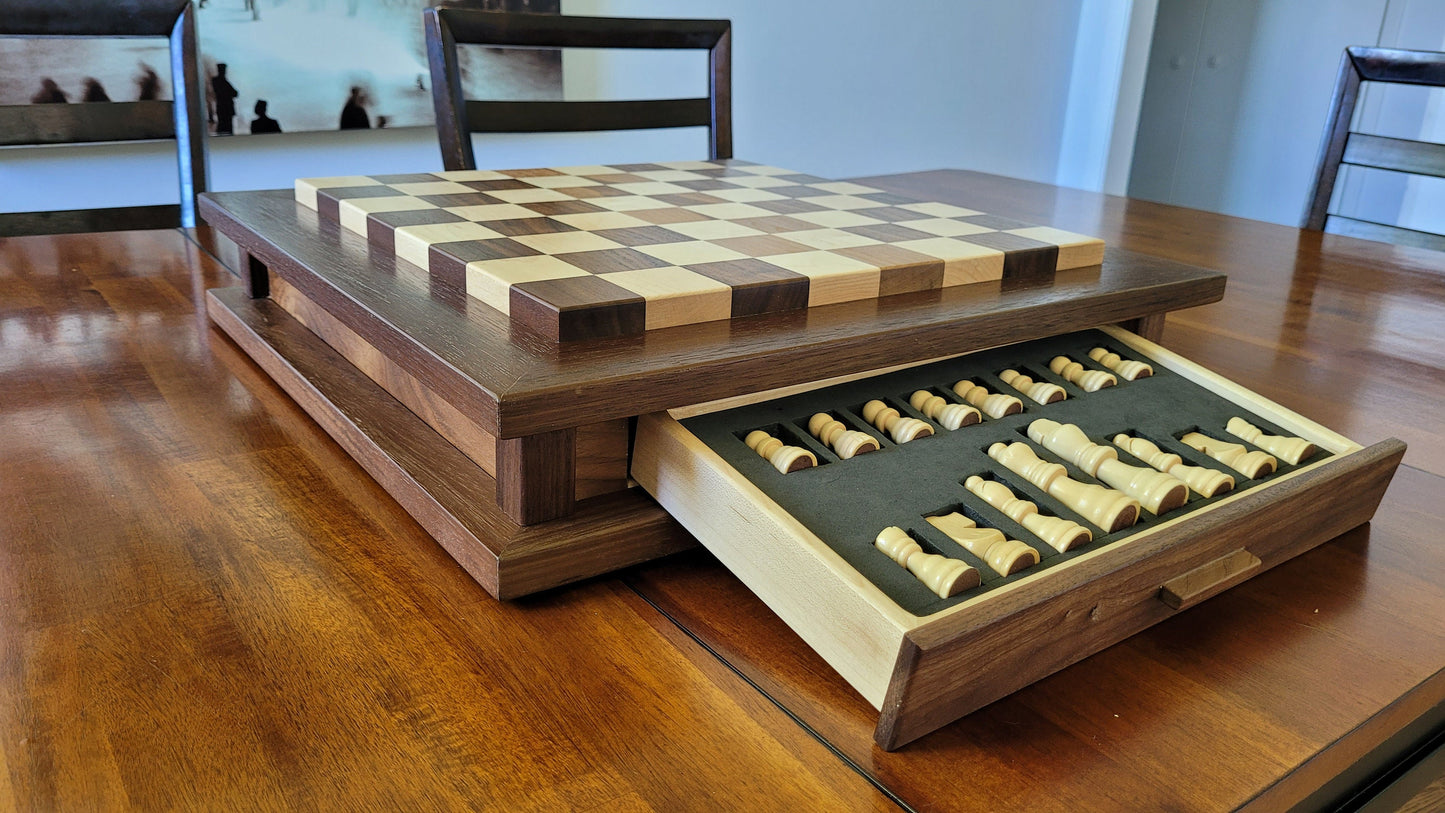 Premium Chess and Cribbage Boards - Matching Set -  Solid Walnut and Maple - Hand Made