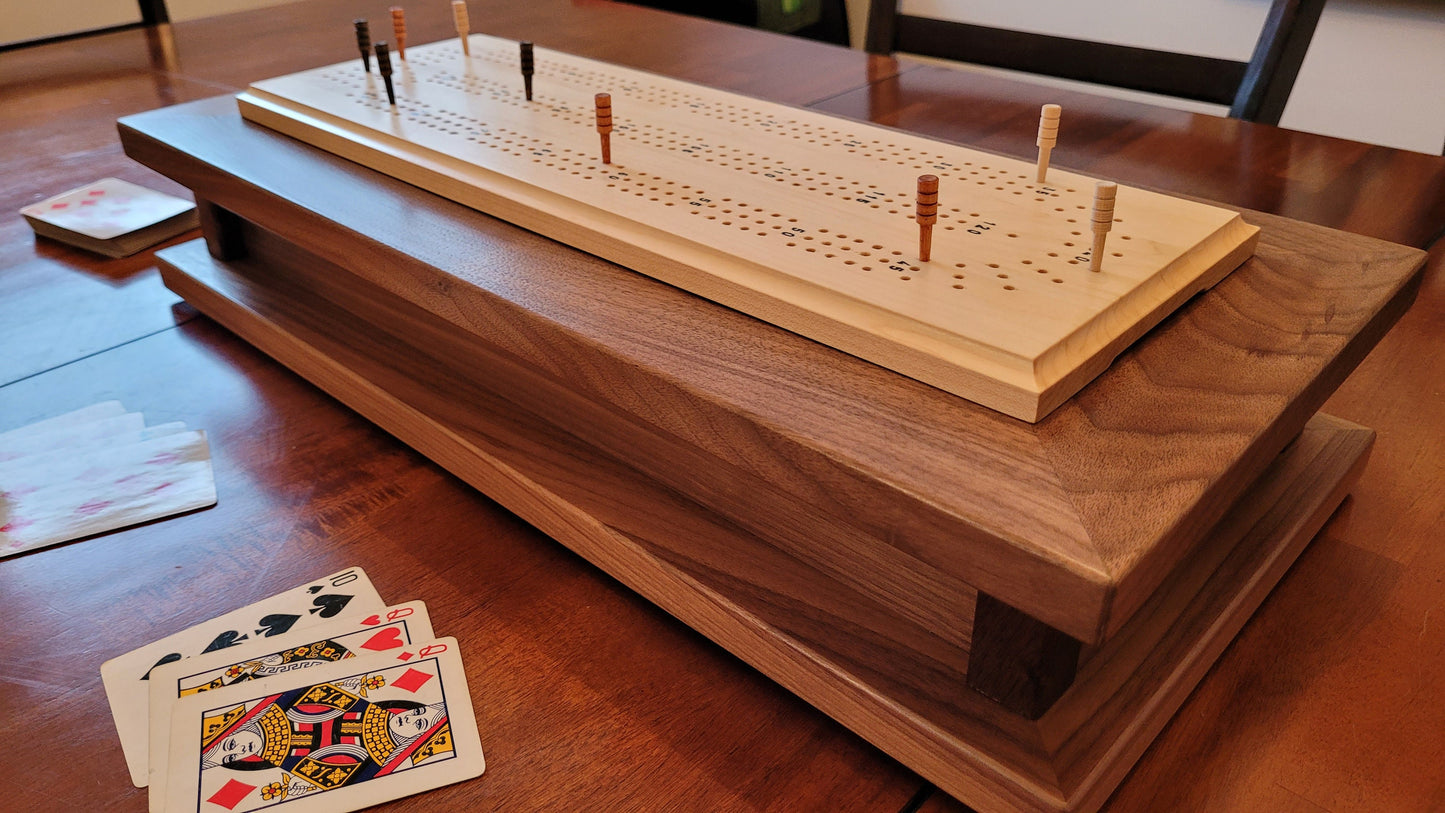 Cribbage Board with Storage Box -  3 Track - Walnut and Maple - Hand Made