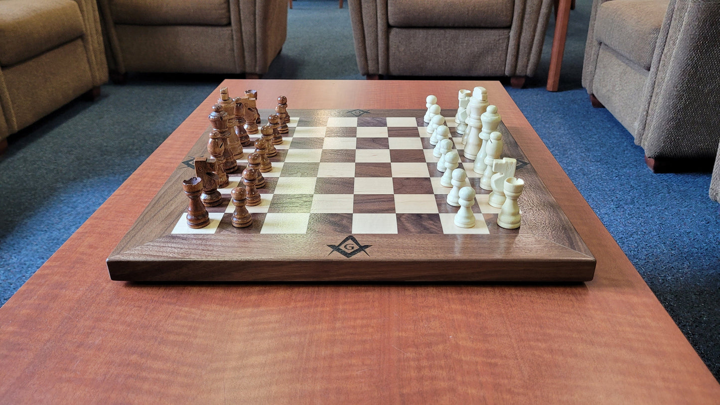Masonic Wood Chess Set - Walnut and Maple - Coffee Table Size - Flat Board