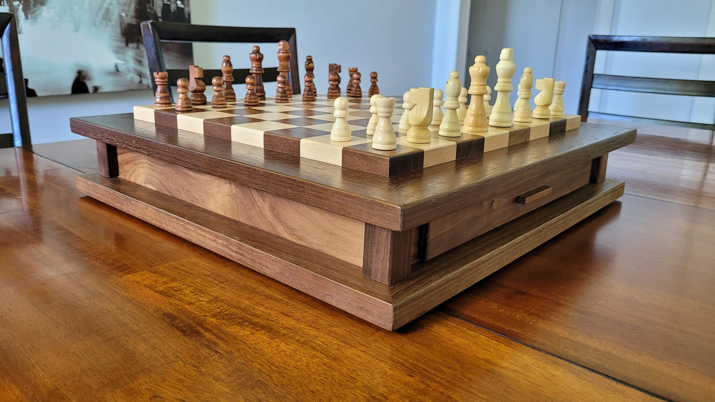 Hardwood Chess Set with Storage - Solid Walnut and Maple - Hand Made