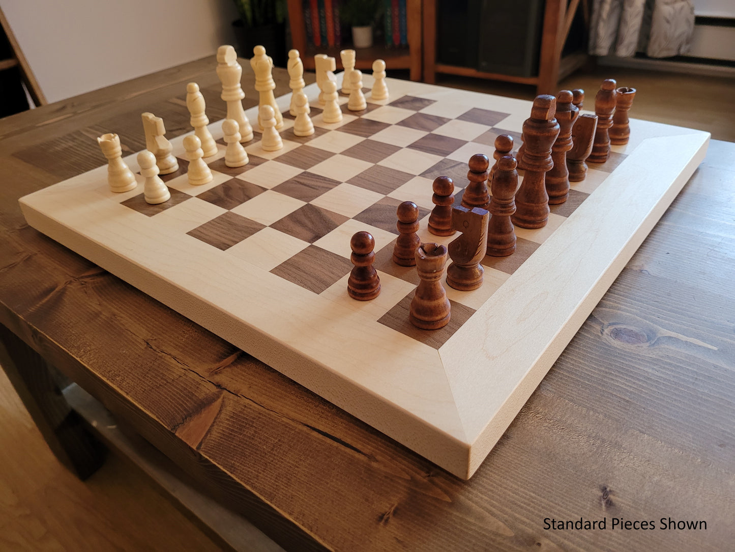 Wood Chess Set - Walnut and Maple Board with Maple Border - Coffee Table Size