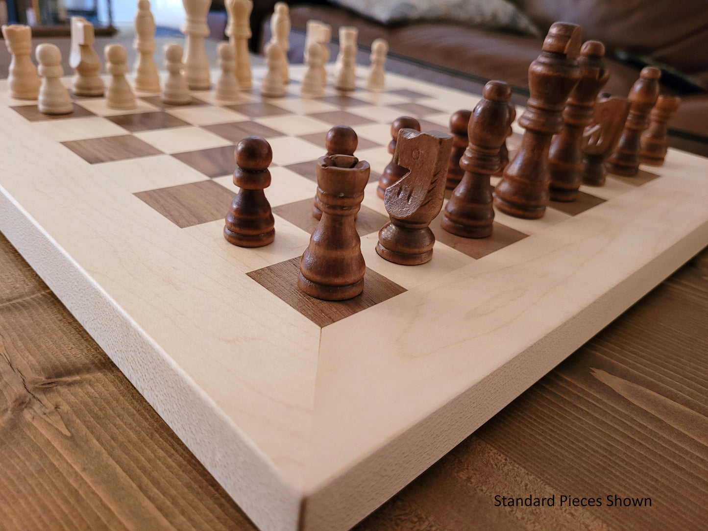 Wood Chess Set - Walnut and Maple Board with Maple Border - Coffee Table Size
