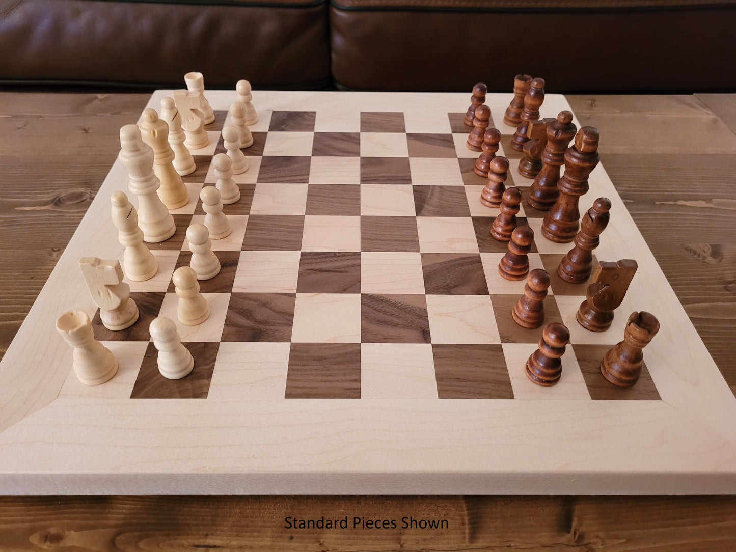 Wood Chess Set - Walnut and Maple Board with Maple Border - Coffee Table Size