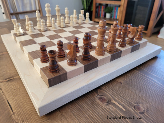 Wood Chess Set - Raised Board - Walnut and Maple with Maple Border - Coffee Table Size