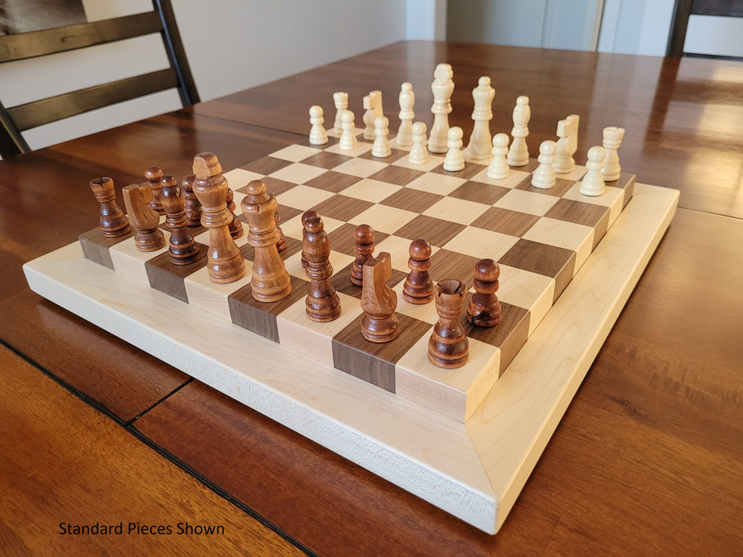Wood Chess Set - Raised Board - Walnut and Maple with Maple Border - Coffee Table Size