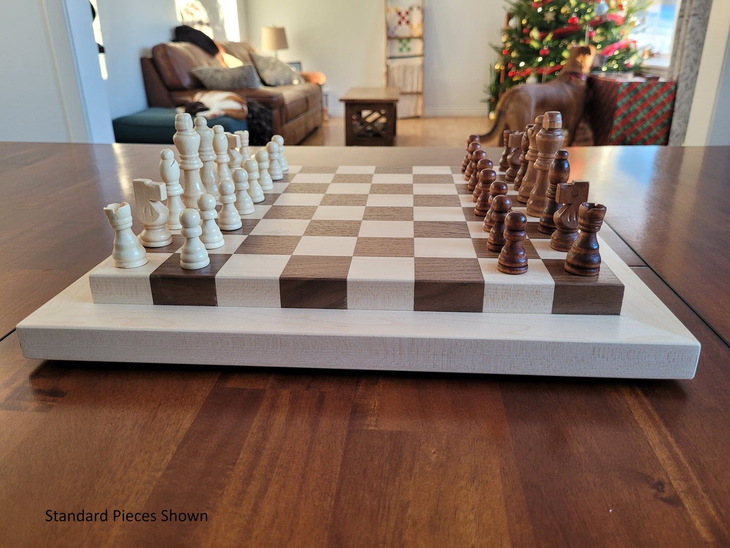 Wood Chess Set - Raised Board - Walnut and Maple with Maple Border - Coffee Table Size