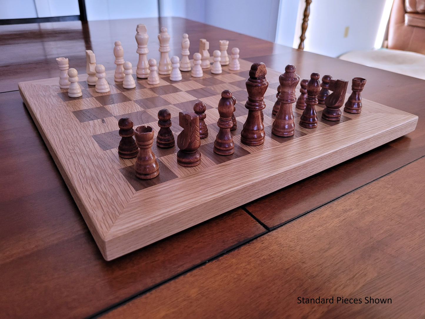 Wood Chess Set - Solid Walnut and Oak Board with Oak Border - Coffee Table Size - Hand Made Board