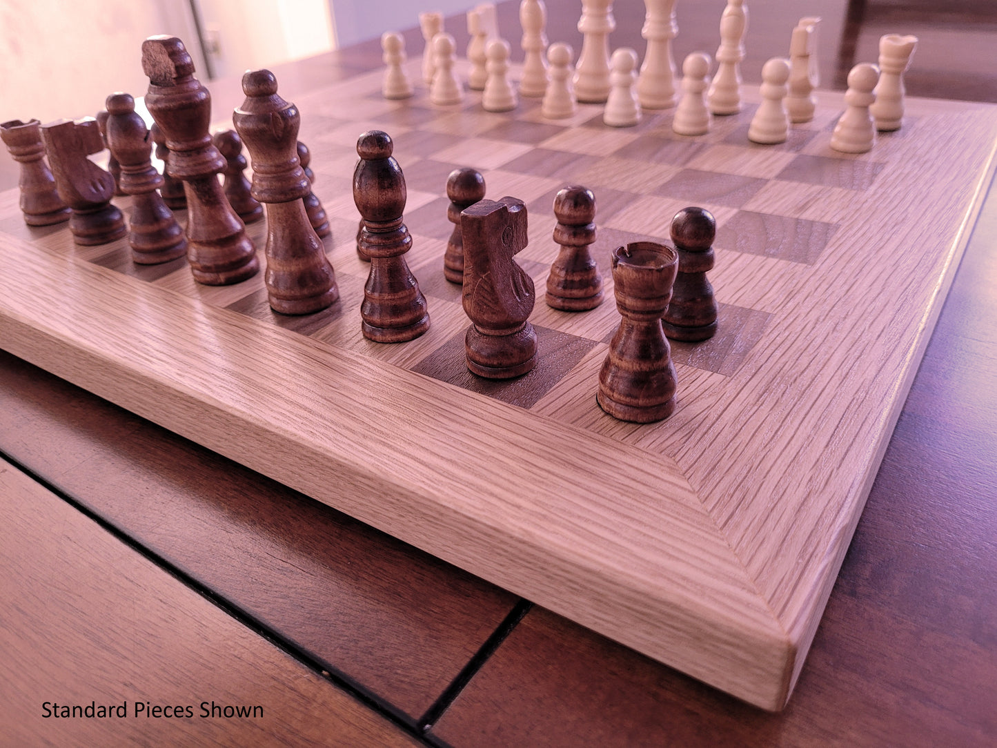 Wood Chess Set - Solid Walnut and Oak Board with Oak Border - Coffee Table Size - Hand Made Board