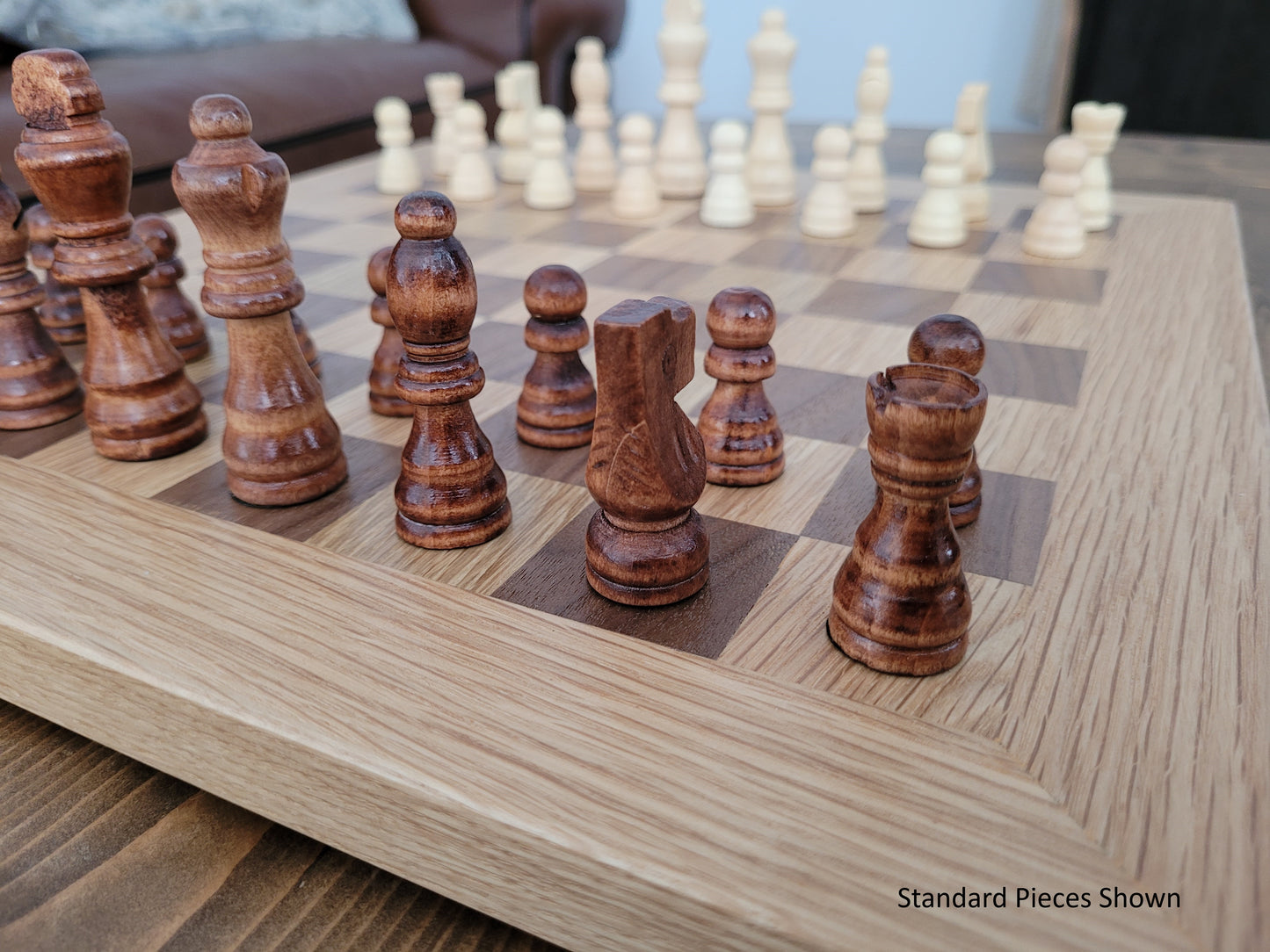Wood Chess Set - Solid Walnut and Oak Board with Oak Border - Coffee Table Size - Hand Made Board