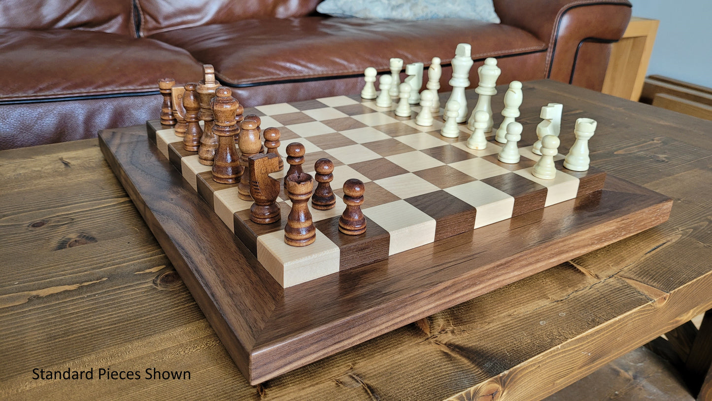 Wood Chess Set - Raised Board - Solid Walnut and Maple - Coffee Table Size - Hand Made