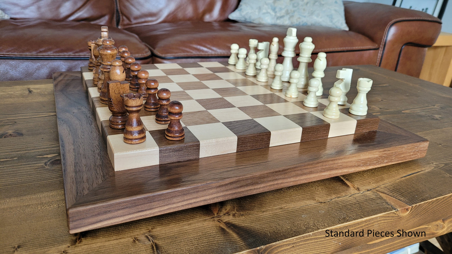 Wood Chess Set - Raised Board - Solid Walnut and Maple - Coffee Table Size - Hand Made