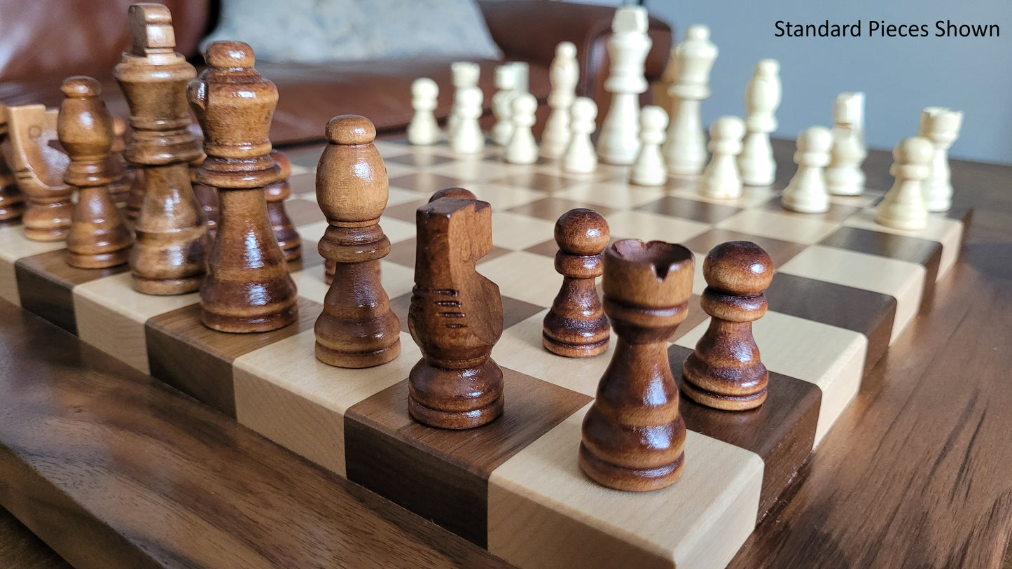 Wood Chess Set - Raised Board - Solid Walnut and Maple - Coffee Table Size - Hand Made