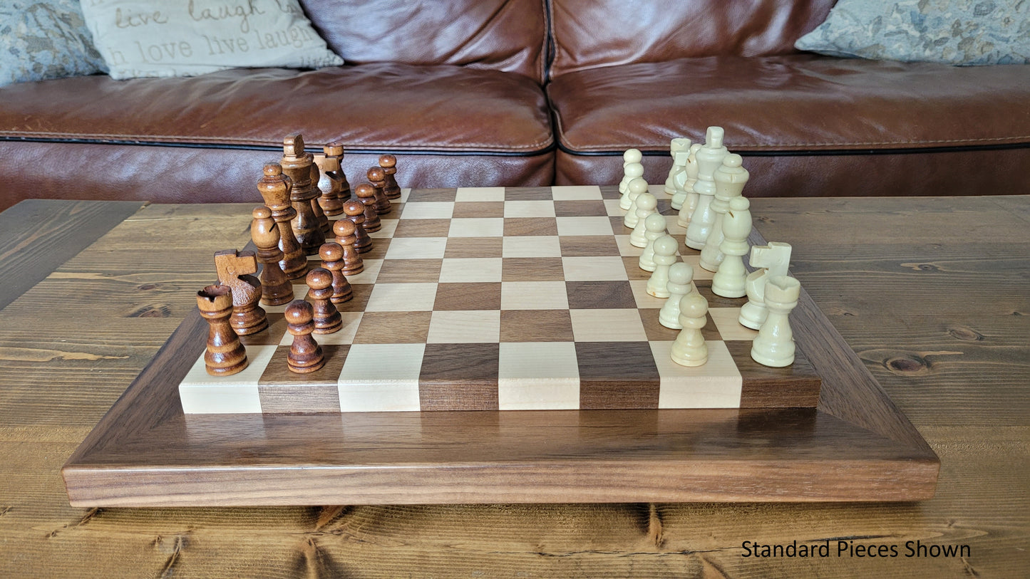 Wood Chess Set - Raised Board - Solid Walnut and Maple - Coffee Table Size - Hand Made