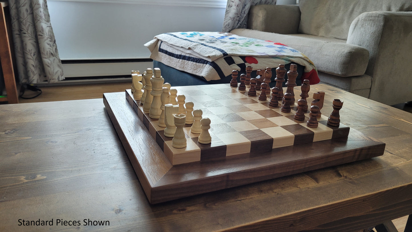 Wood Chess Set - Raised Board - Solid Walnut and Maple - Coffee Table Size - Hand Made