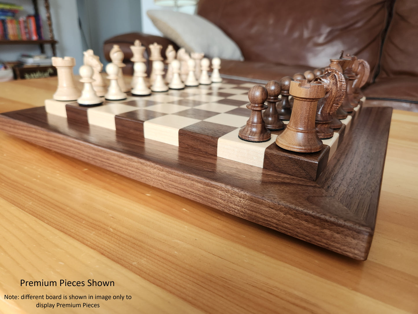 Wood Chess Set - Raised Board - Walnut and Maple with Maple Border - Coffee Table Size