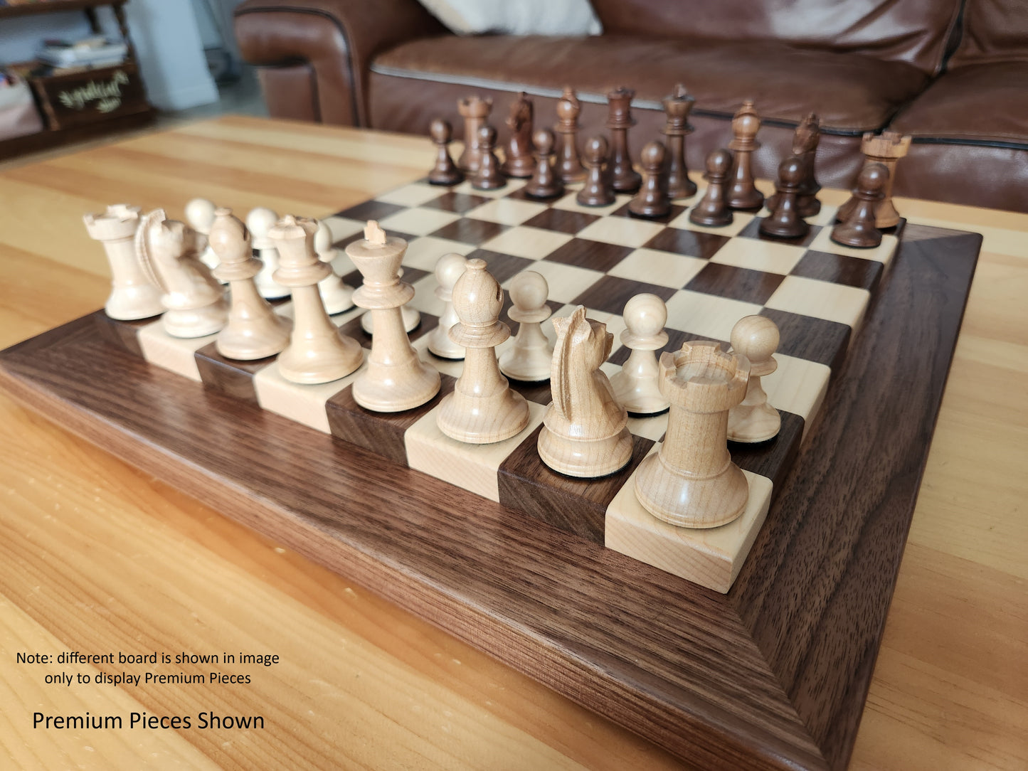 Wood Chess Set - Raised Board - Walnut and Maple with Maple Border - Coffee Table Size