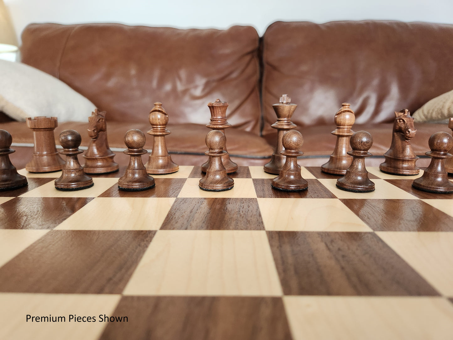 Wood Chess Set - Raised Board - Walnut and Maple with Maple Border - Coffee Table Size
