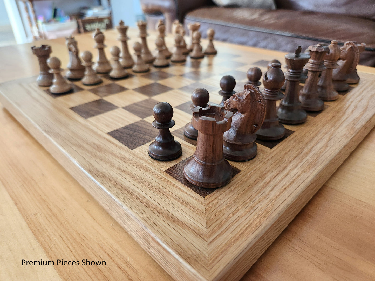 Wood Chess Set - Solid Walnut and Oak Board with Oak Border - Coffee Table Size - Hand Made Board