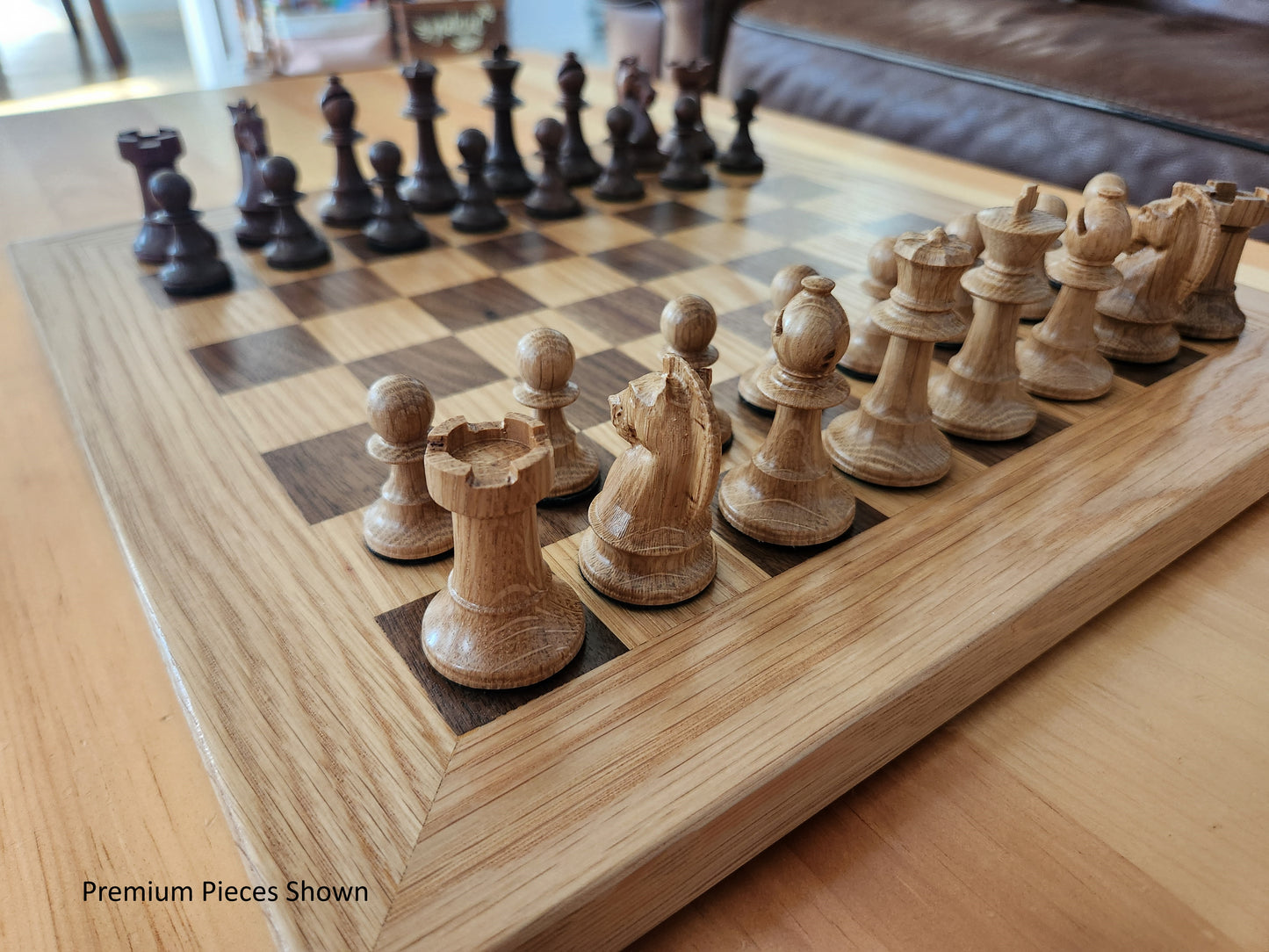 Wood Chess Set - Solid Walnut and Oak Board with Oak Border - Coffee Table Size - Hand Made Board