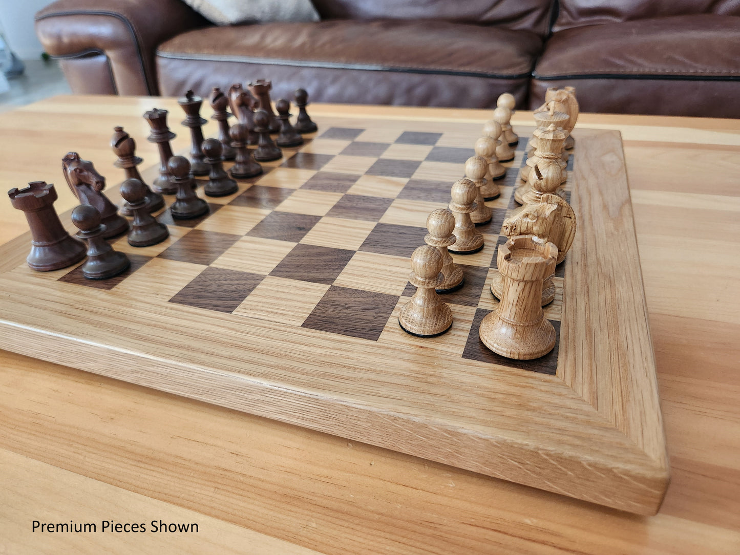 Wood Chess Set - Solid Walnut and Oak Board with Oak Border - Coffee Table Size - Hand Made Board