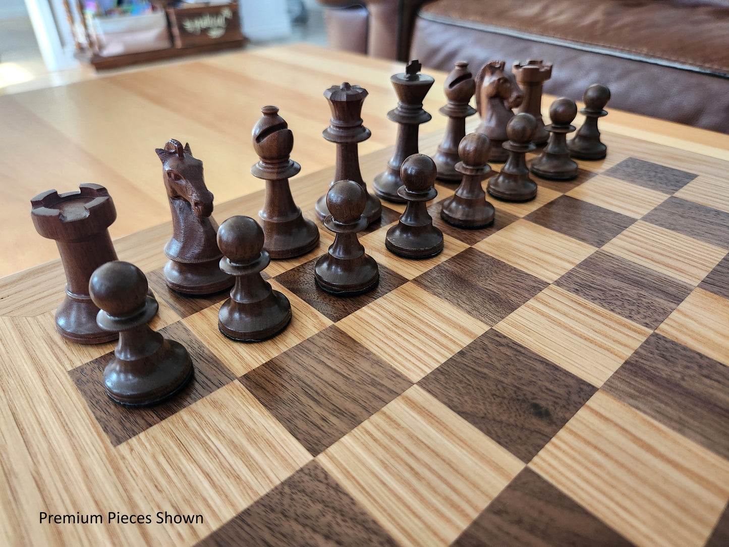 Wood Chess Set - Solid Walnut and Oak Board with Oak Border - Coffee Table Size - Hand Made Board