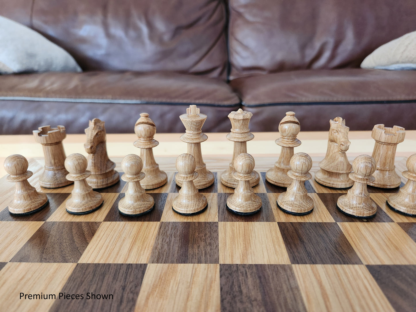 Wood Chess Set - Solid Walnut and Oak Board with Oak Border - Coffee Table Size - Hand Made Board