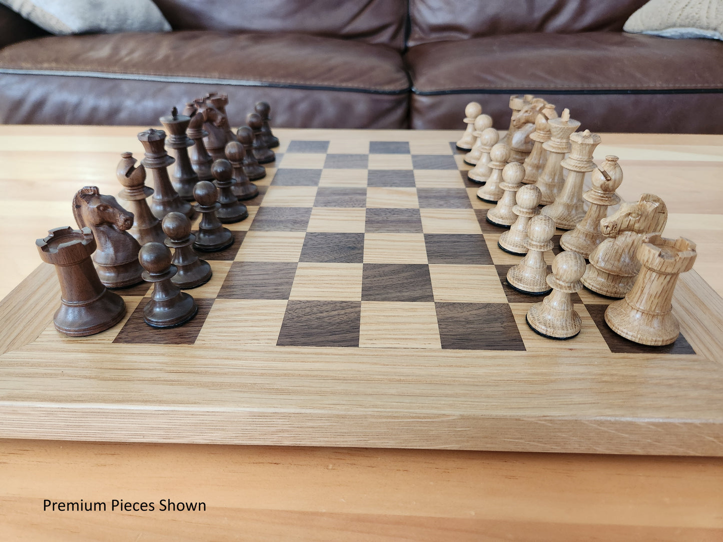 Wood Chess Set - Solid Walnut and Oak Board with Oak Border - Coffee Table Size - Hand Made Board
