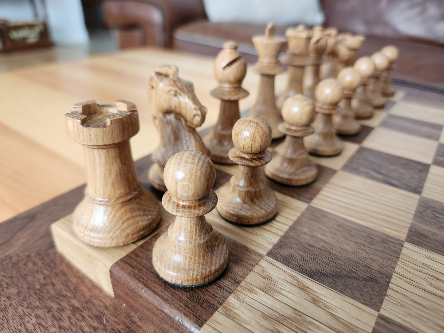 Wood Chess Set - Raised Board - Walnut and White Oak - Coffee Table Size