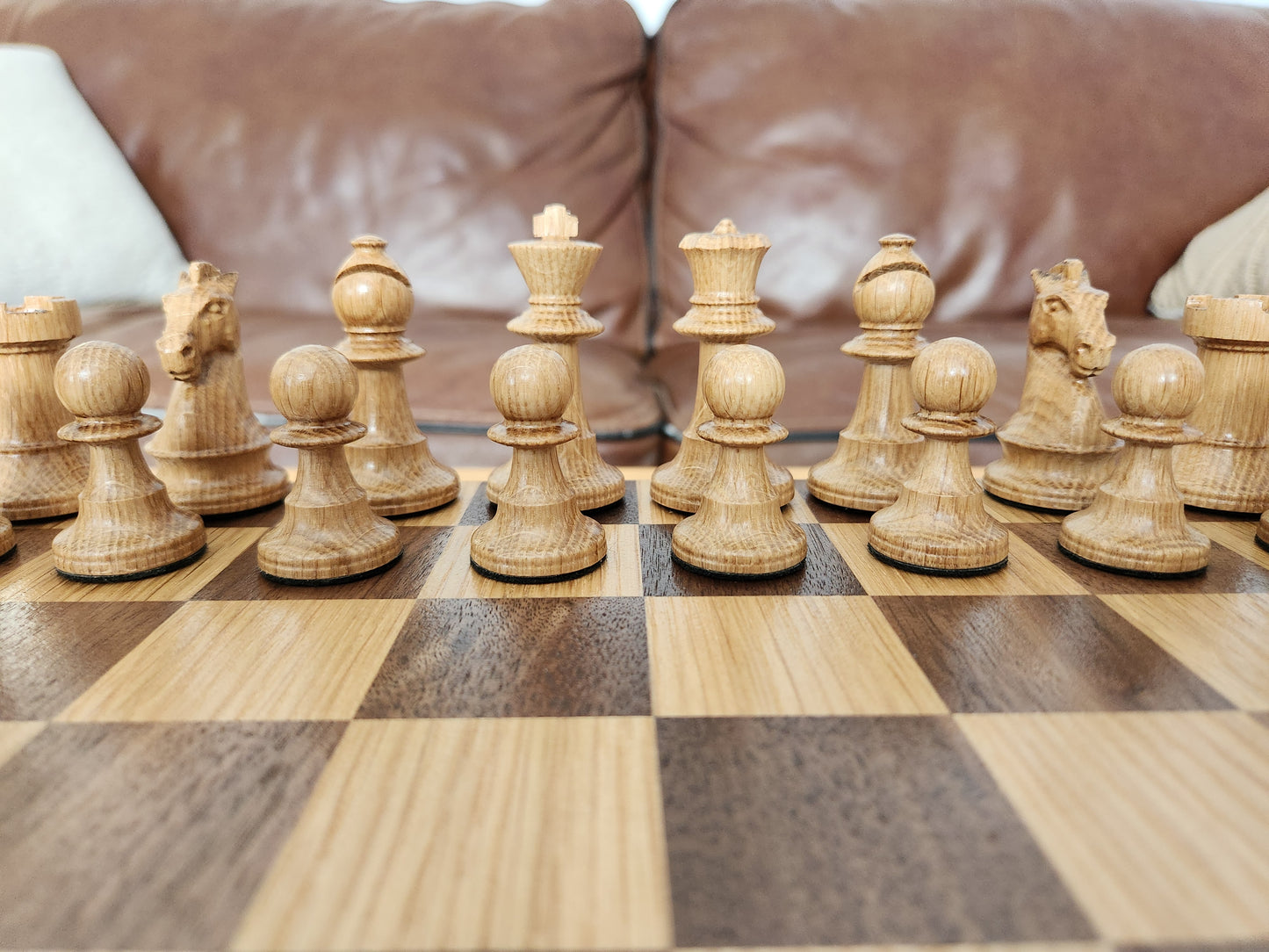 Wood Chess Set - Raised Board - Walnut and White Oak - Coffee Table Size