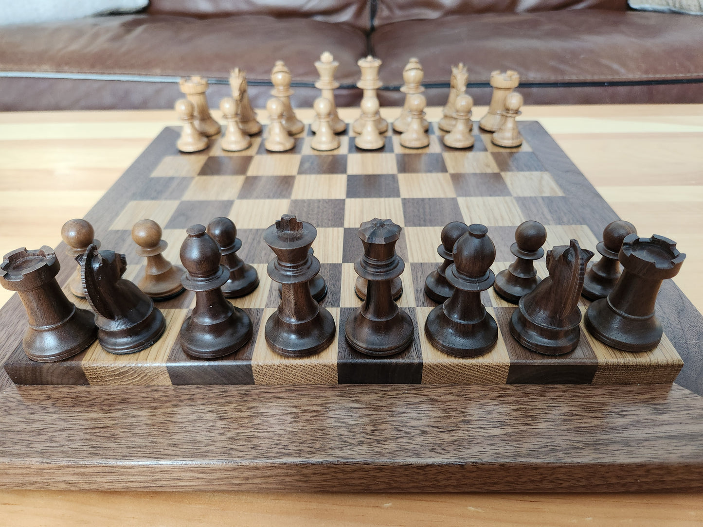 Wood Chess Set - Raised Board - Walnut and White Oak - Coffee Table Size
