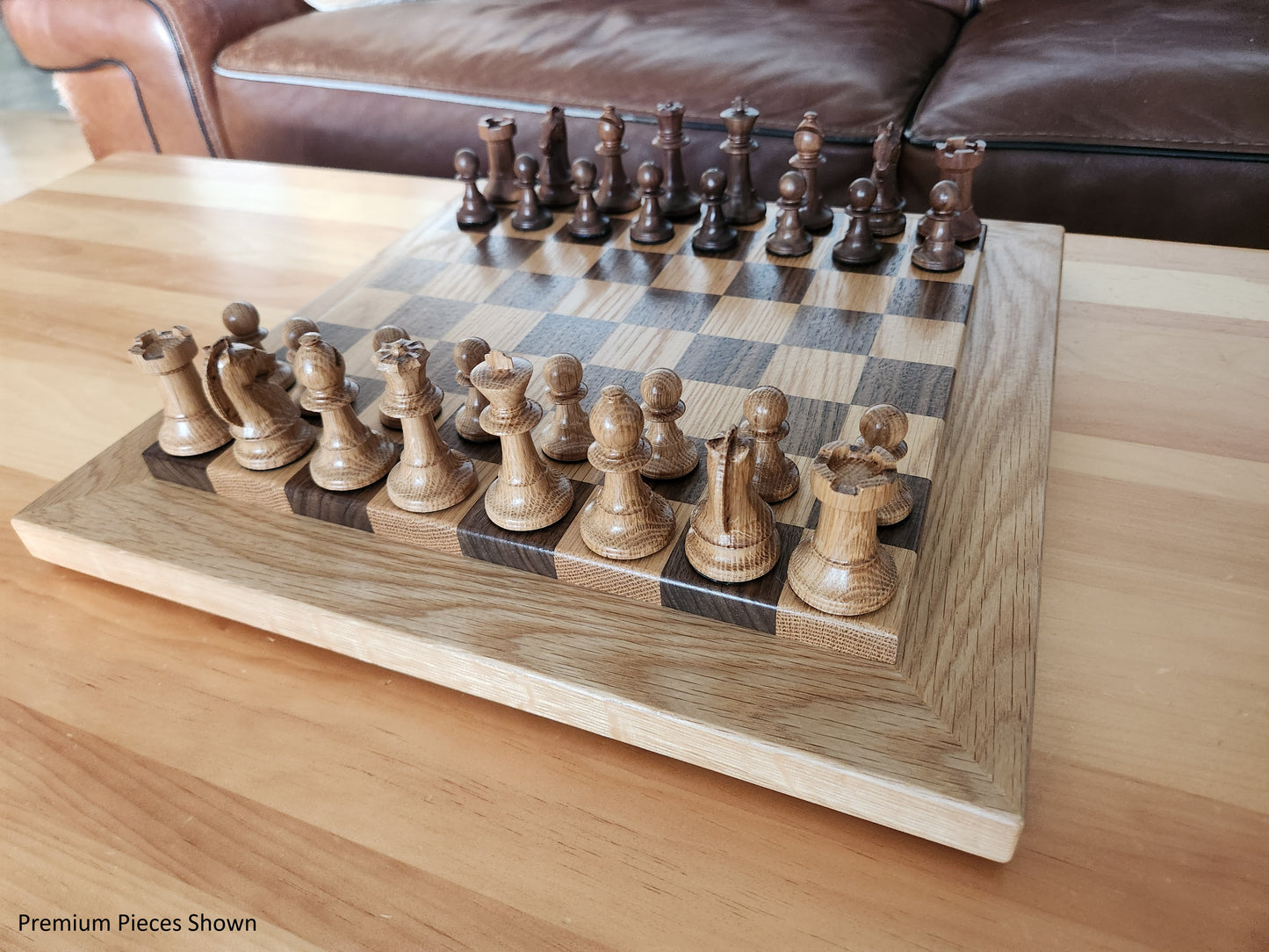 Wood Chess Set - Raised Board - Walnut and White Oak with Oak Border - Coffee Table Size