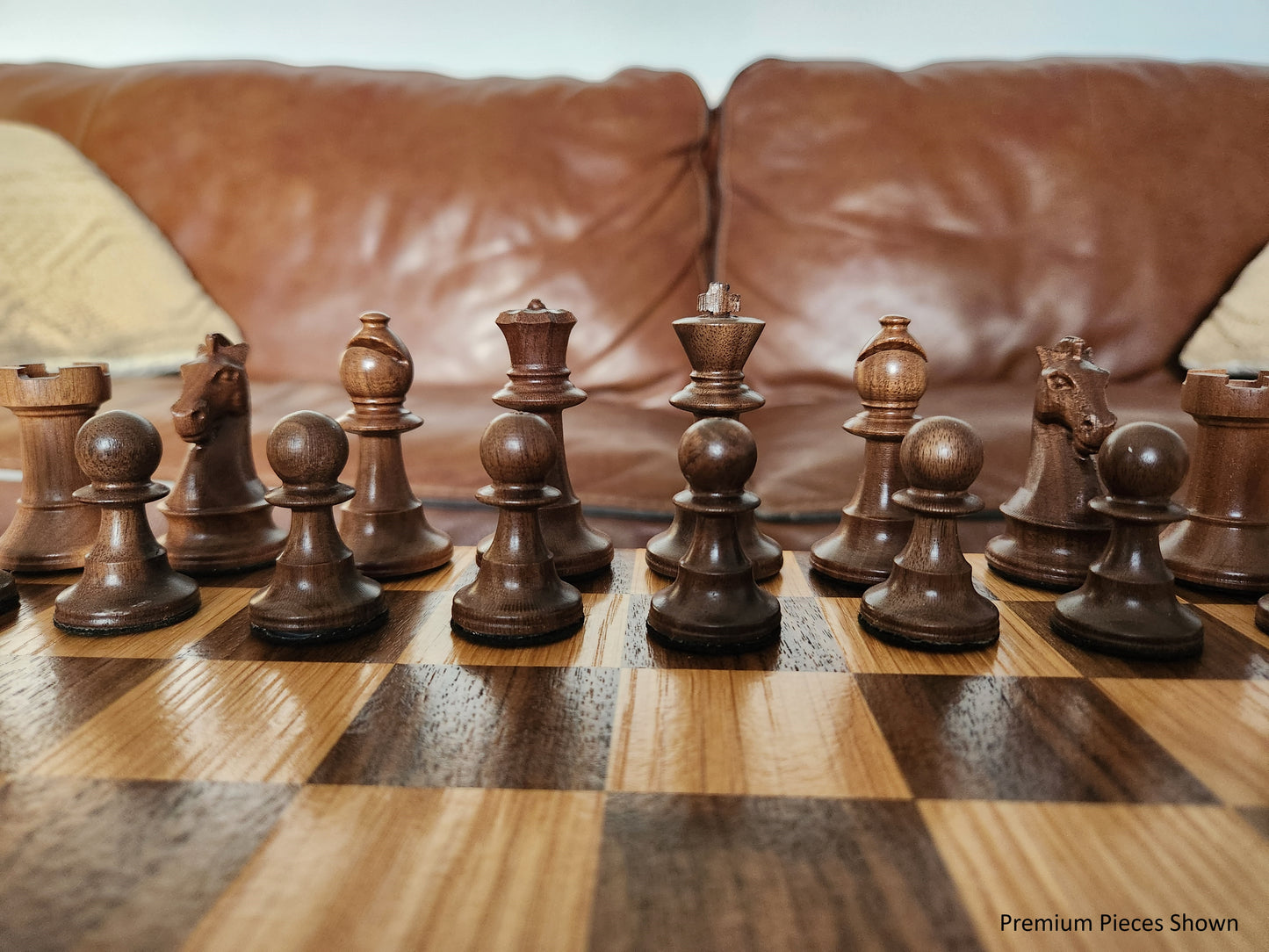 Wood Chess Set - Raised Board - Walnut and White Oak with Oak Border - Coffee Table Size