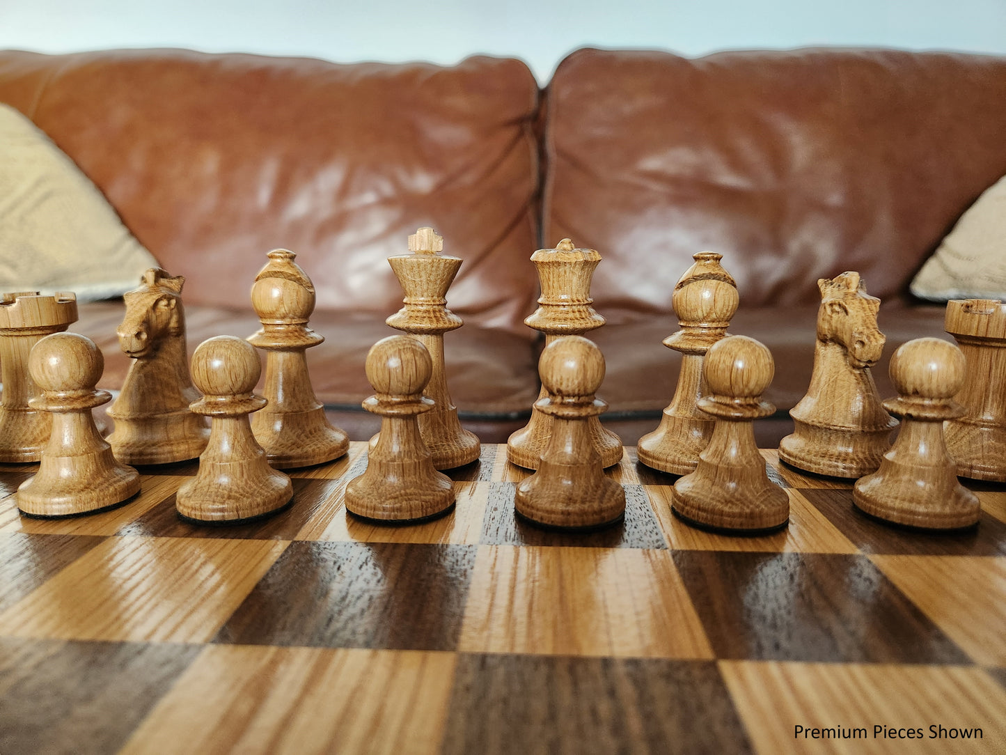 Wood Chess Set - Raised Board - Walnut and White Oak with Oak Border - Coffee Table Size