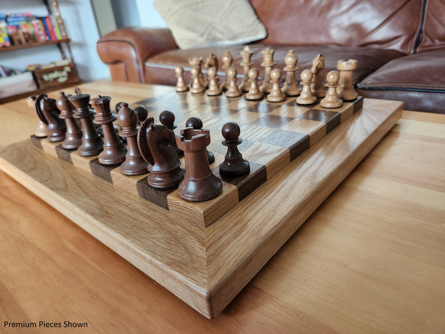 Wood Chess Set - Raised Board - Walnut and White Oak with Oak Border - Coffee Table Size
