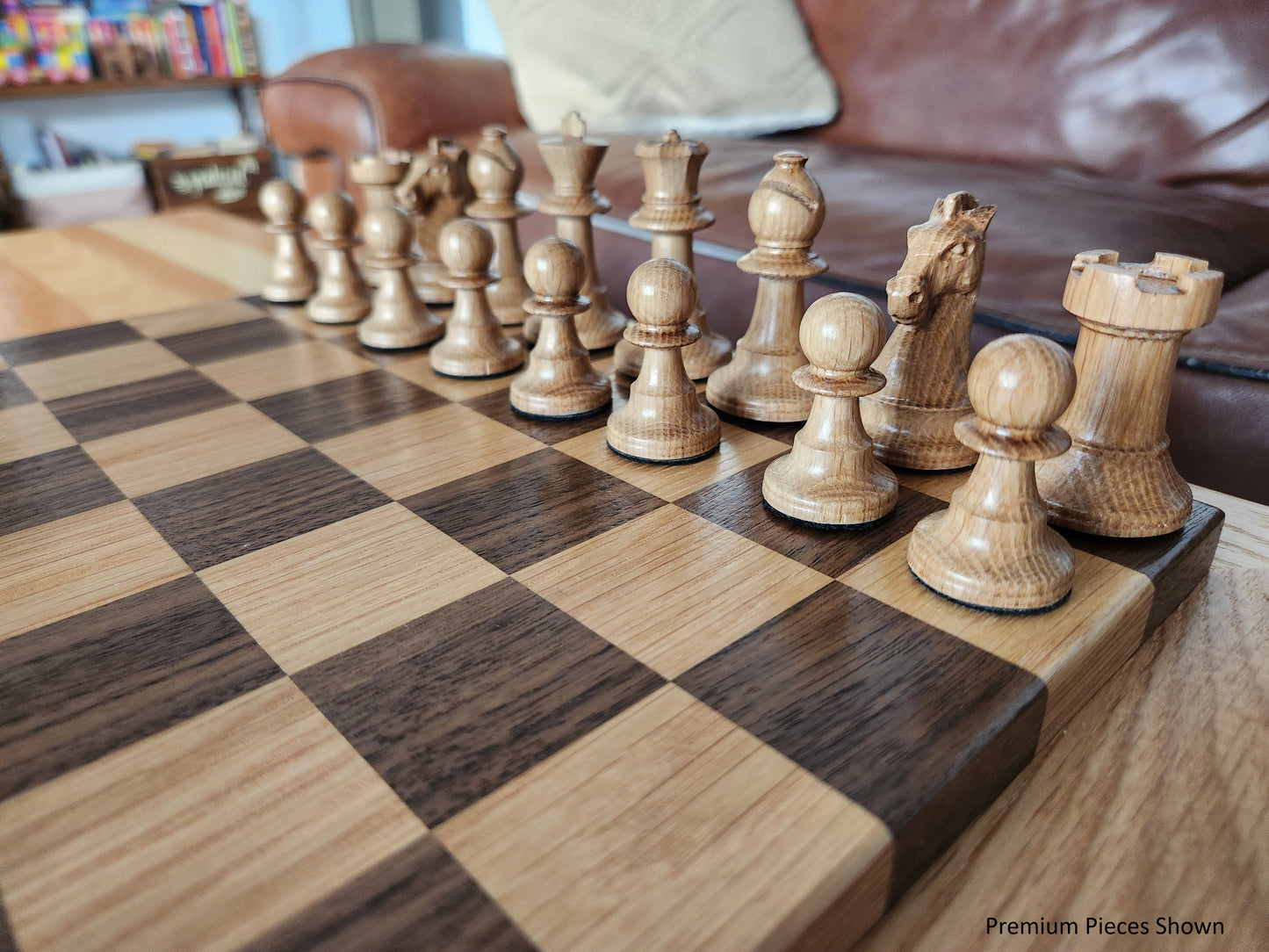 Wood Chess Set - Raised Board - Walnut and White Oak with Oak Border - Coffee Table Size