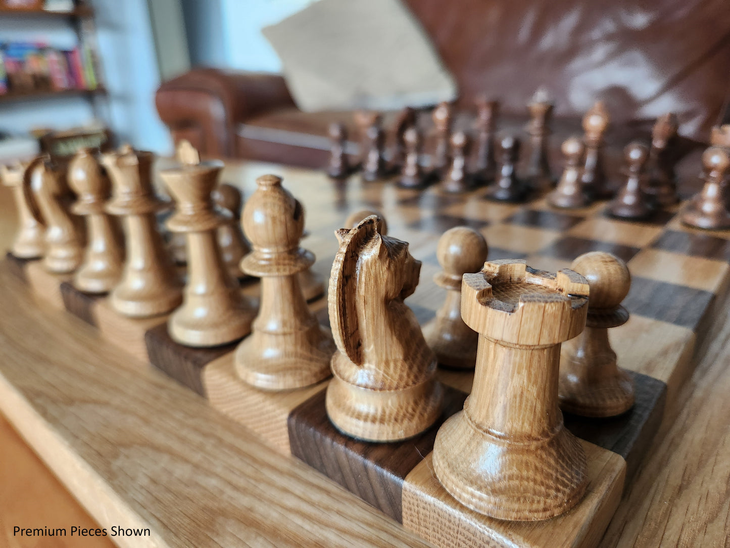 Wood Chess Set - Raised Board - Walnut and White Oak with Oak Border - Coffee Table Size