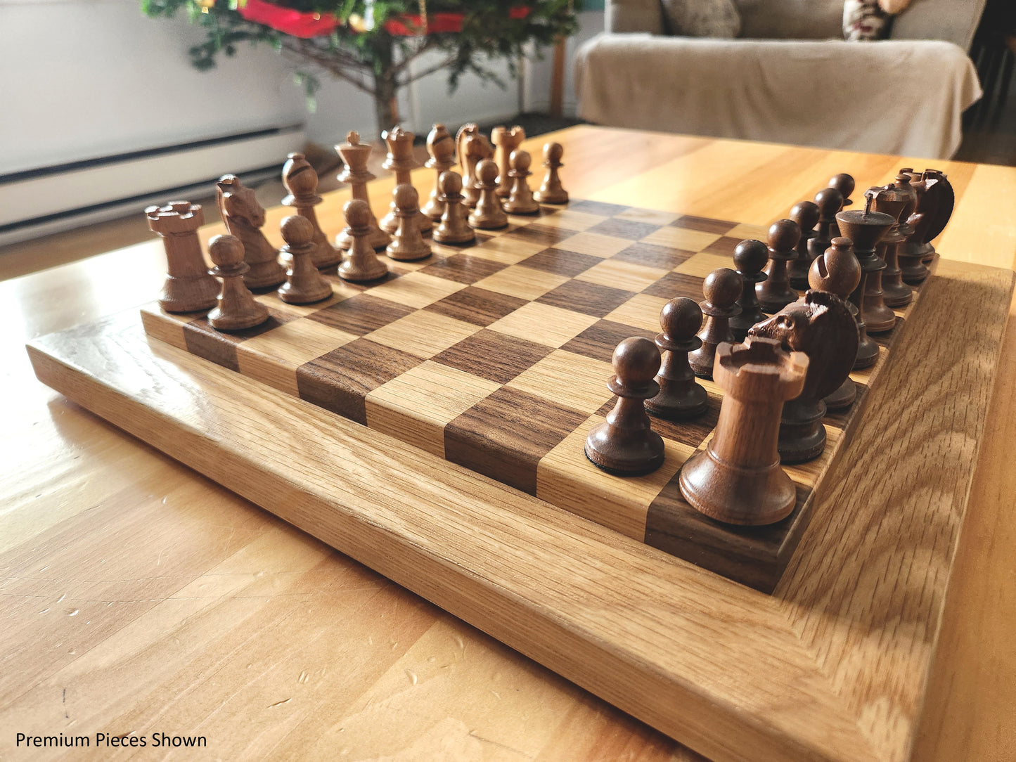 Wood Chess Set - Raised Board - Walnut and White Oak with Oak Border - Coffee Table Size