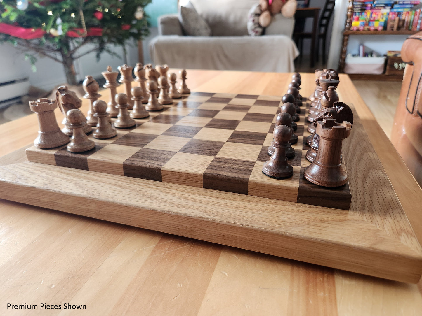 Wood Chess Set - Raised Board - Walnut and White Oak with Oak Border - Coffee Table Size