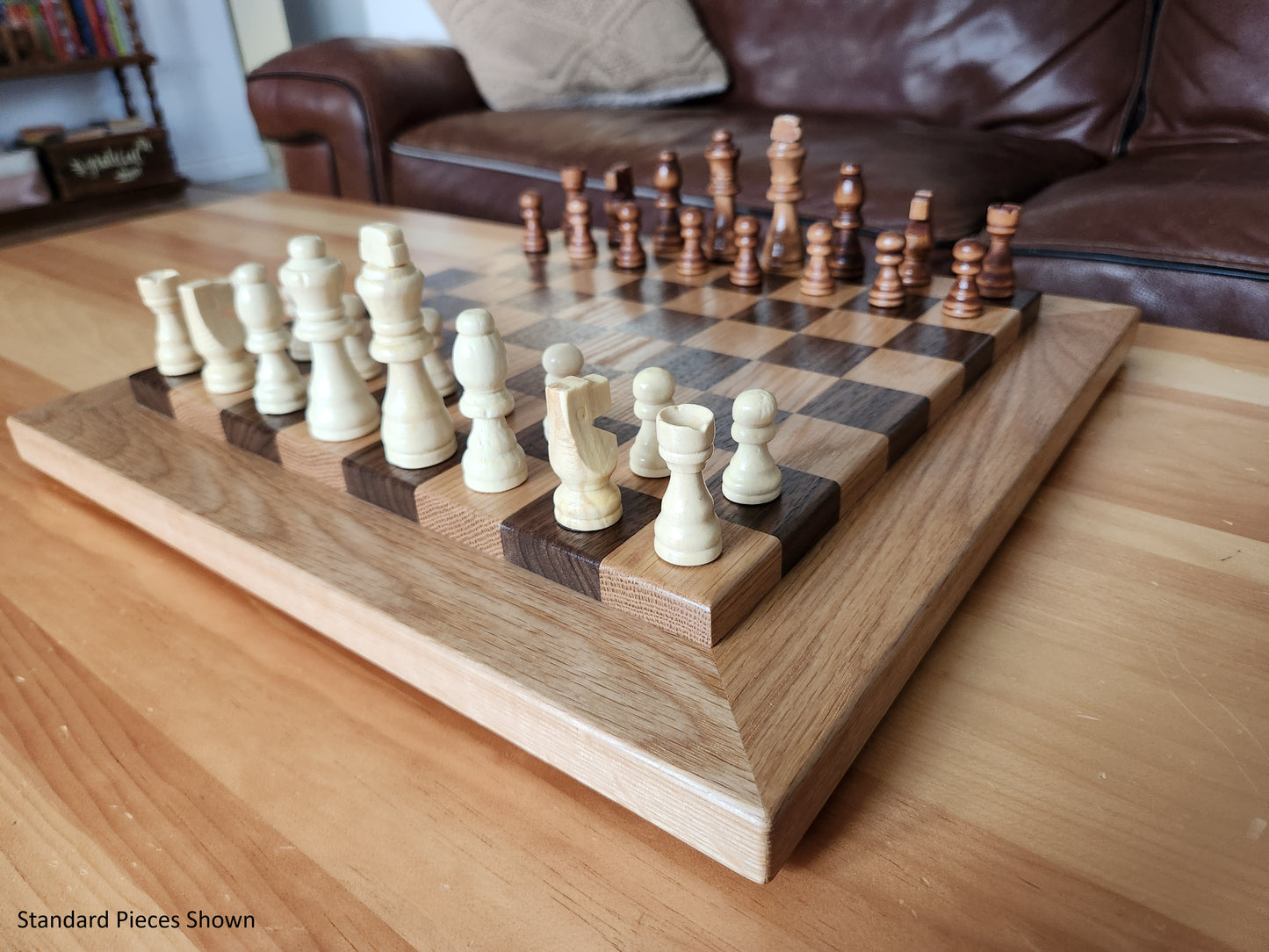Wood Chess Set - Raised Board - Walnut and White Oak with Oak Border - Coffee Table Size