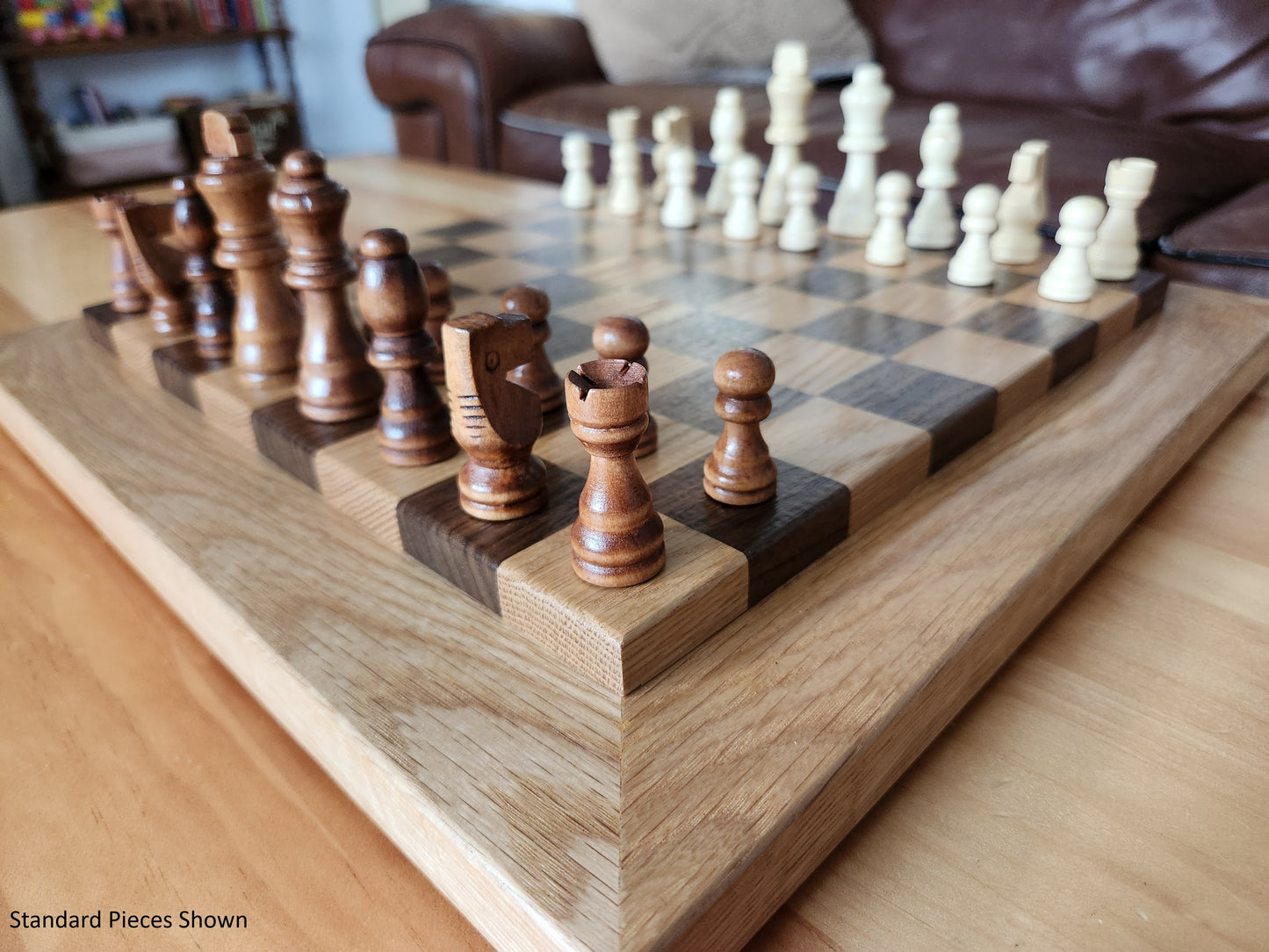 Wood Chess Set - Raised Board - Walnut and White Oak with Oak Border - Coffee Table Size
