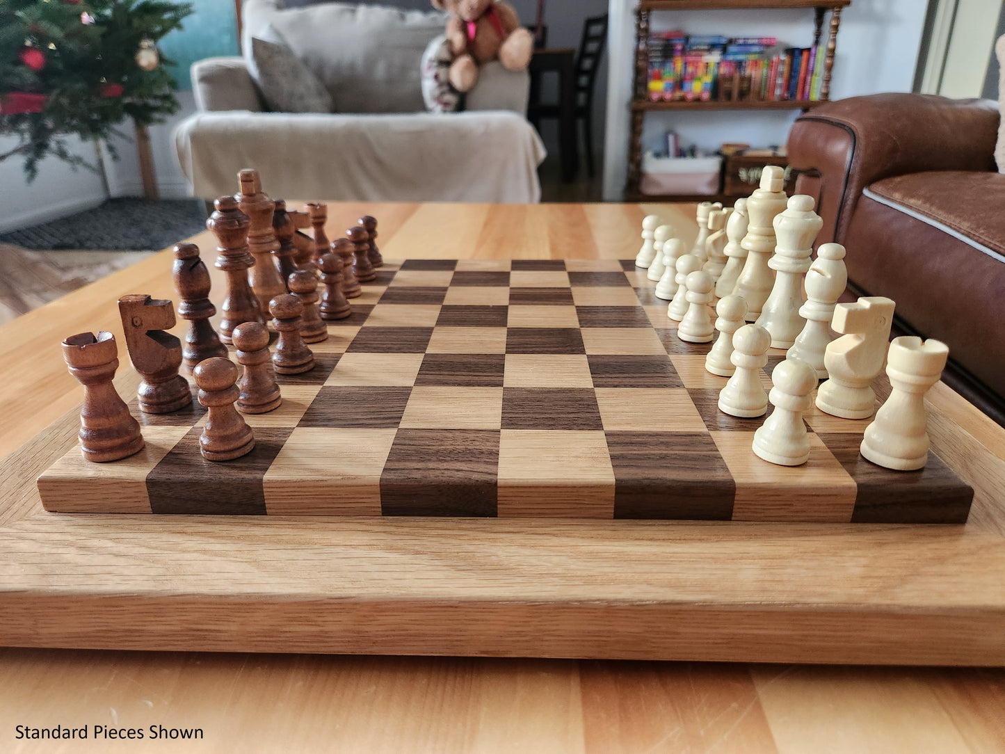 Wood Chess Set - Raised Board - Walnut and White Oak with Oak Border - Coffee Table Size