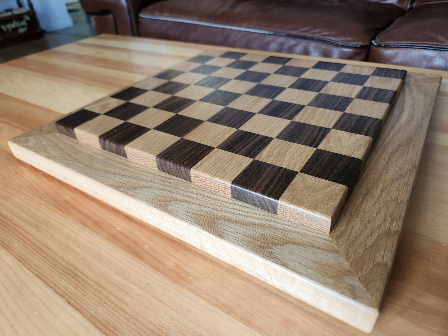 Wood Chess Set - Raised Board - Walnut and White Oak with Oak Border - Coffee Table Size
