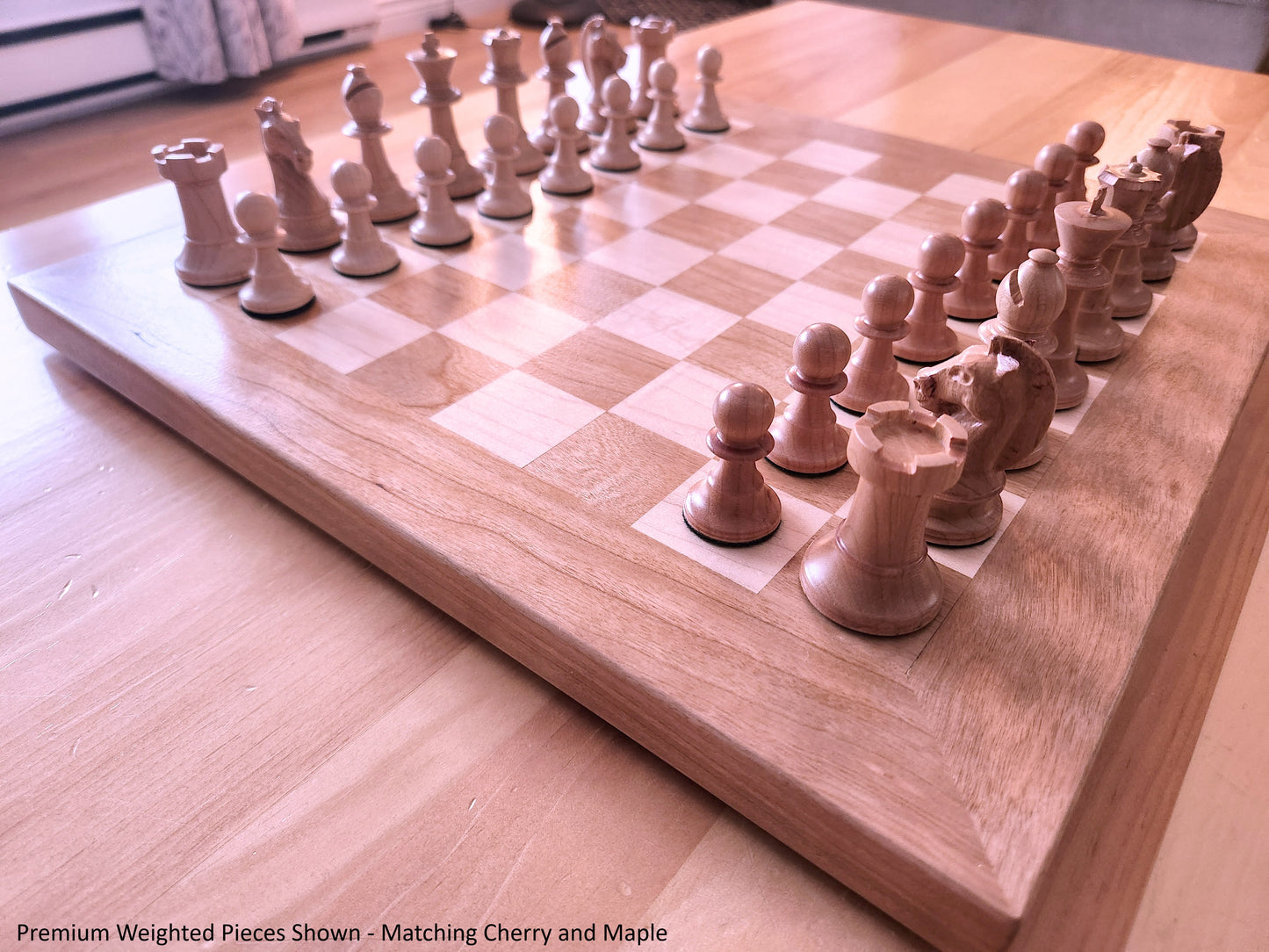 Wood Chess Set - Solid Cherry and Maple - Coffee Table Size - Hand Made Board