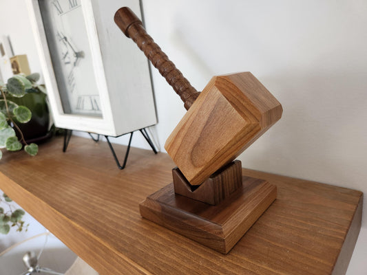 Mjolnir - Thor's Hammer with Display Stand - Small Shelf Size - Solid Hardwood - Hand Made