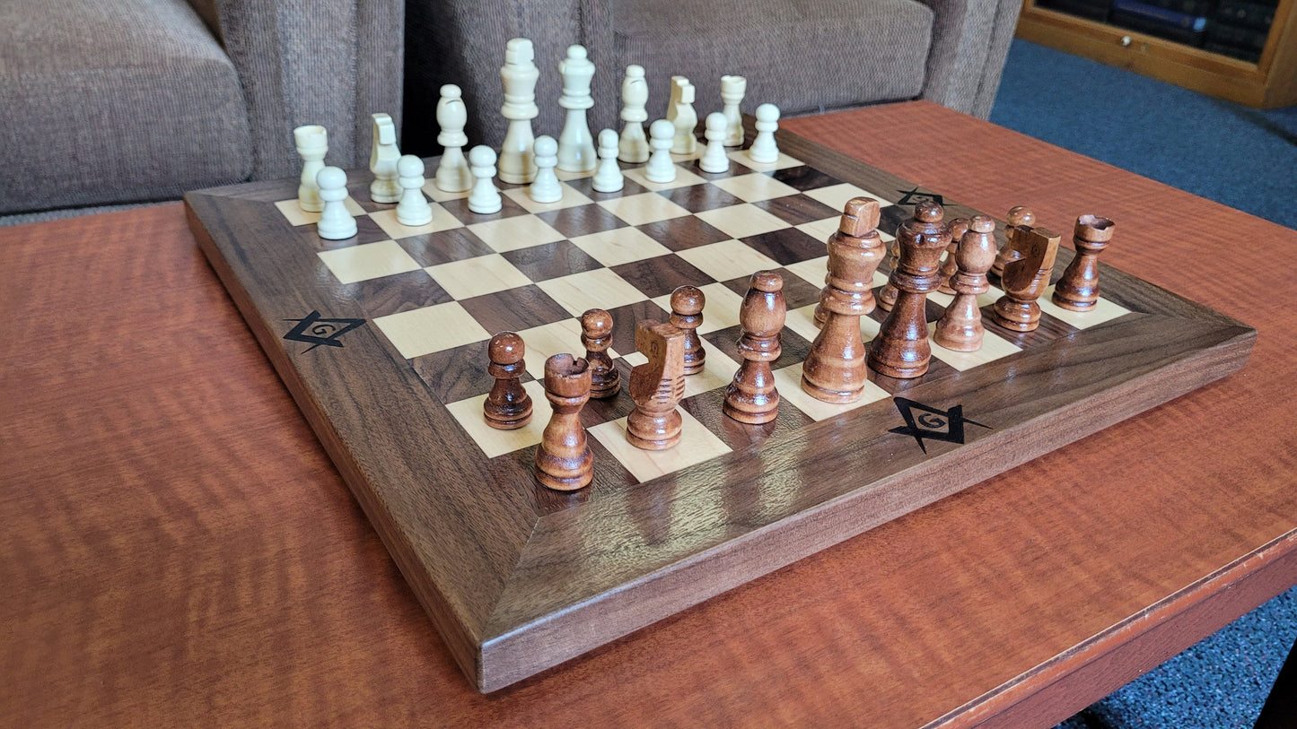 Masonic Wood Chess Set - Walnut and Maple - Coffee Table Size - Flat Board