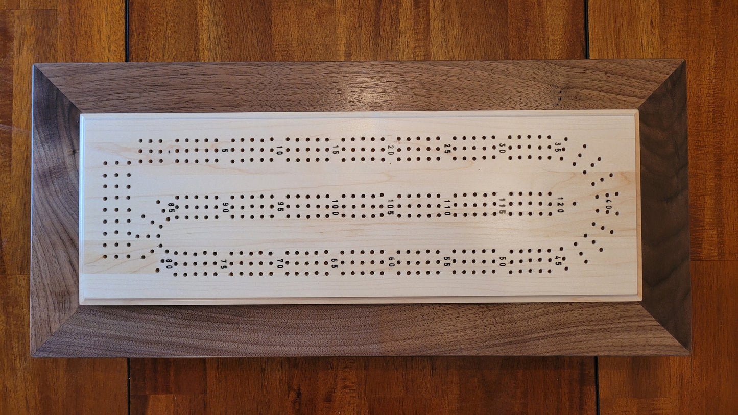 Cribbage Board with Storage Box -  3 Track - Walnut and Maple - Hand Made