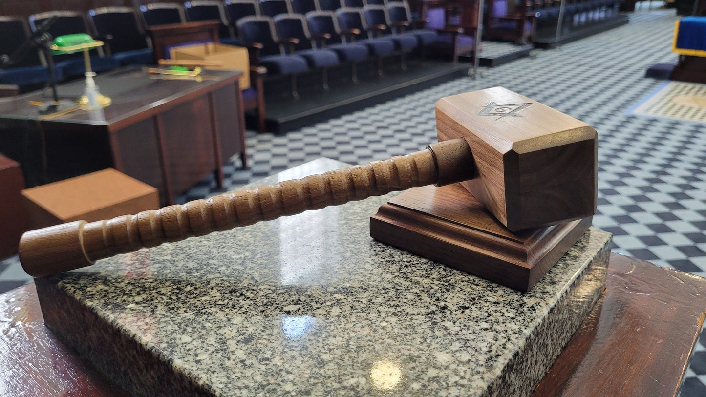 Masonic Gavel with Sounding Block -  Square Head with Gripped Handle - Solid Walnut - Hand Made